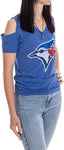 Bulletin Womens MLB Toronto Blue Jays Distressed Logo Off the Shoulder V-Neck Tee - Royal Blue