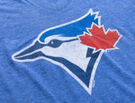 Bulletin Womens MLB Toronto Blue Jays Distressed Logo Off the Shoulder V-Neck Tee - Royal Blue
