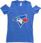 Bulletin Womens MLB Toronto Blue Jays Distressed Logo Off the Shoulder V-Neck Tee - Royal Blue