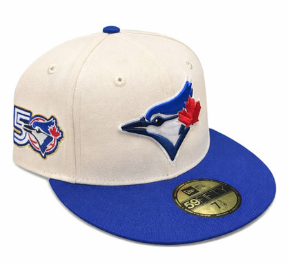 New Era 59FIFTY MLB Toronto Blue Jays Two Tone 50th Anniversary Side Patch Custom Collection Fitted Hat - Off White/Blue