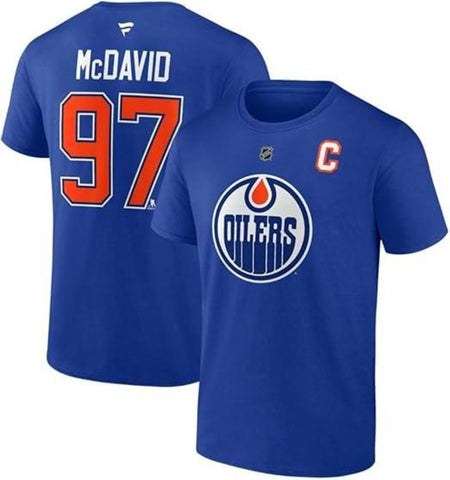 Fanatics Mens NHL Edmonton Oilers McDavid #97 Authentic Stack Name and Number T-Shirt - Royal Blue