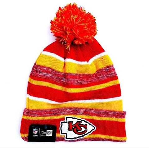New Era NFL Kansas City Chiefs Marled Stripe Knit Beanie Hat Hat With Pom - Team Colors