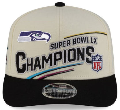 New Era 9SEVENTY Youth NFL Seattle Seahawks Super Bowl LX Champions Locker Room Trophy Collection Adjustable Snapback Hat - Cream/Black