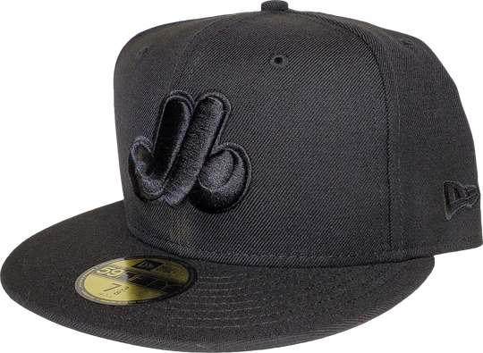 New Era Montreal Expos Black on Black MLB Baseball 59FIFTY Fitted Hat - Black & Black Logo 7 5/8