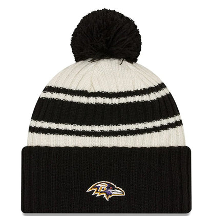 New Era Cream/Black Baltimore Ravens 2022 Sideline Sport Cuffed Pom Knit Hat