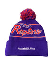 Toronto Raptors Mitchell & Ness Hardwood Classics Dino Logo Script Pom Knit Purple Hat