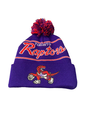 Toronto Raptors Mitchell & Ness Hardwood Classics Dino Logo Script Pom Knit Purple Hat